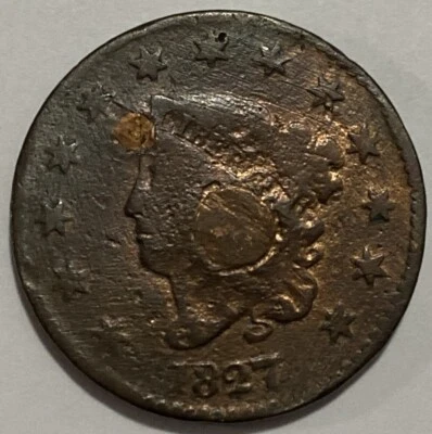 1827 - Coronet Head Large Cent - Plugged & Cleaned - Exact Coin Imaged #LC69 - Image 1 of 2