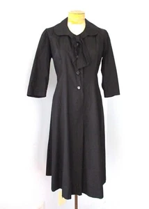 Vtg 50s 60s Black Cotton Sateen Fit Flare Rockabilly Shirtwaist Dress LBD M/L - Picture 1 of 4