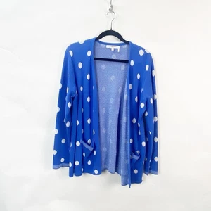 Foxcroft Large Petite Womens Blue White Polka Dot Open Front Cardigan Sweater - Picture 1 of 7