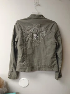Harley Davidson Canvas Moto Jacket Green Embroidered Skull Stud Long Sleeve Sz M - Picture 1 of 8