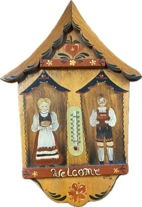 Termómetro Arte Popular Vintage Madera Pintado a Mano Decoración Firmado 1980 - Imagen 1 de 2
