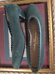 Salvatore Ferragamo Slip On Low Heel Green Suede Saw Tooth Trim Woman 8.5 Shoe's - Picture 1 of 19