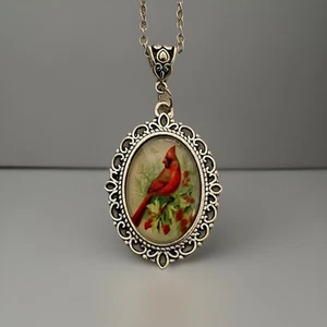 Vintage Style Cardinal Cabochon Cameo Bird Necklace- Brand New - Bild 1 von 4