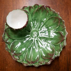 Italian Majolica Art Pottery Artichoke Plate Dish w/ Dipping Cup Sur La Table - Picture 1 of 4