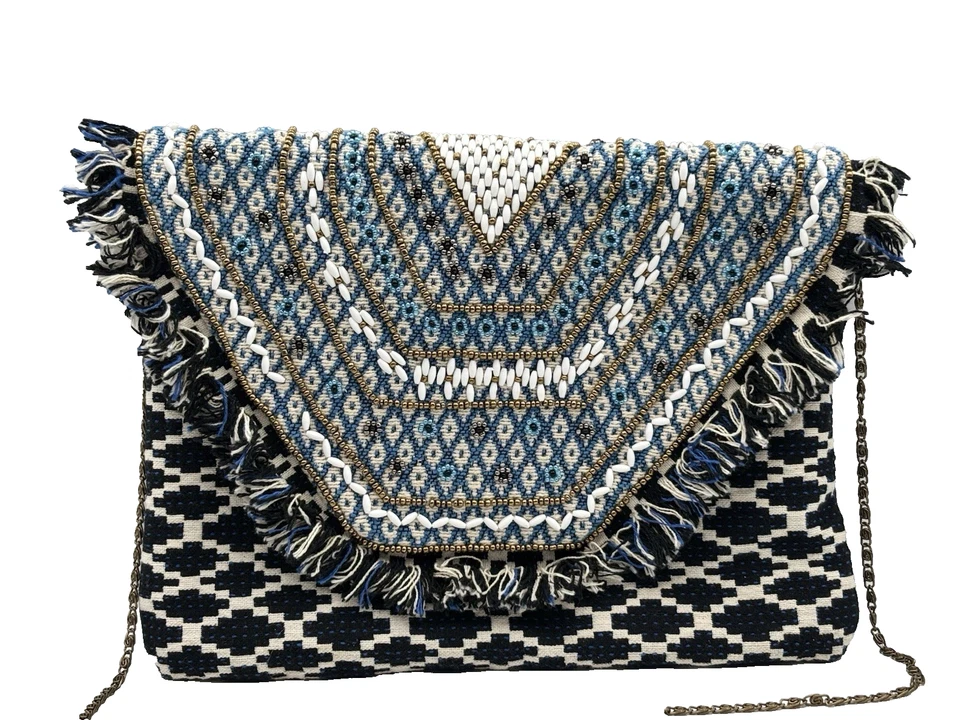 Steve Madden Resort Embroidered Beaded Fringe Envelope Clutch Crossbody Purse - Image 1 of 4