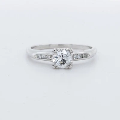 Antique Platinum 900 Solitaire 0.45ct Old Mine Diamond Ring w/ Accents sz 5.5 - Image 1 of 4
