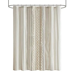 72 in. W x 72 in. L Cotton Printed Bath Shower Curtain in Beige with Chenille - Picture 1 of 6