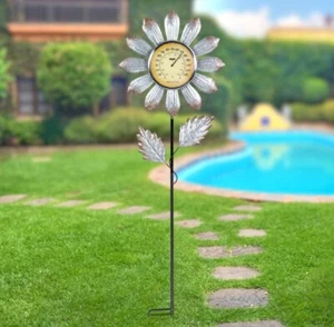 Exhart Galvanized Metal Garden Stake Flower Thermometer 48 Inches Tall, New - Picture 1 of 3