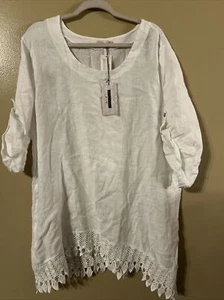 NWT Lunge L’Arno Women’s Linen Embroidered Sz 3XWhite Made In Italy Tunic F - Picture 1 of 10