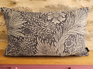 William Morris Marigold Fabric Linen Ink & Grey Velvet Cushion Cover Oblong - Picture 1 of 24