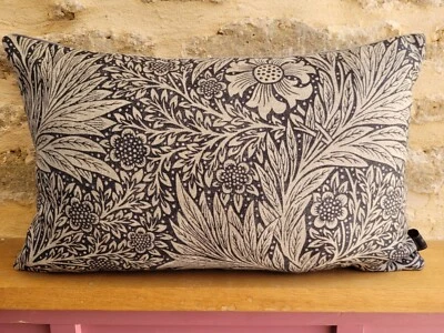 William Morris Marigold Fabric Linen Ink & Grey Velvet Cushion Cover Oblong - Image 1 of 4