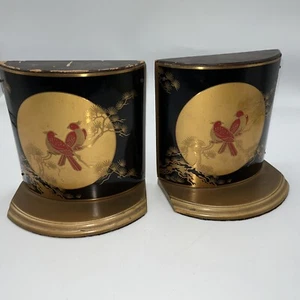 Grammes Vintage Mid-Century Bookends Asian Decor Wood Brass Black Gold Red Birds - Picture 1 of 7