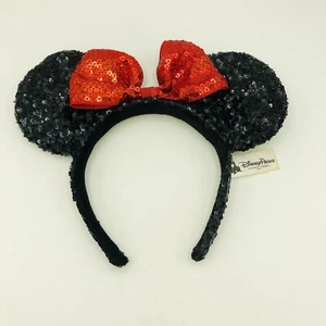 Disney Parks Minnie Mouse Sequin Headband Black Ears Red Bow - Picture 1 of 7