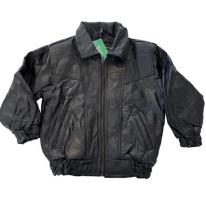 NWT Navarre Genuine Leather Italian Stone Bomber Jacket Black Youth Kids 8/9 - Picture 1 of 13