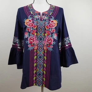 Calessa Embroidered Tunic Top Women's Size S Blue Loose Fit V-Neck - Picture 1 of 9