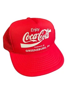 VINTAGE "Enjoy Coca-Cola" Mesh TRUCKER HAT Cap snapback Red White Greensburg, PA - Picture 1 of 4