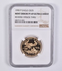 PF69 UCAM 1990-P $25 American Gold Eagle Mint Error Rev Struck Thru NGC *3992 - Picture 1 of 3