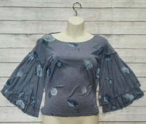 Lucky Brand Small Blue Floral Bell Sleeve Duquet Sparkle Metallic Shirt Blouse - Picture 1 of 7
