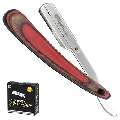 Maquinilla de afeitar plegable de acero inoxidable con mango de madera artificial, corte de garganta Foto 1 de 4