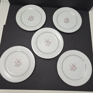 5 Noritake Stanton 5407 10.5" Dinner Plates Pink Roses Gray & Platinum Bands EUC - Picture 1 of 10