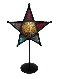 Multi Colored Stained Glass Metal Star Tea Light Candle Holder On Stand 12” - Picture 1 of 14