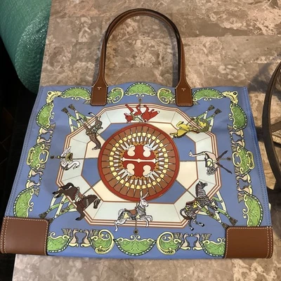 Tory Burch Ella Printed Tote Blue Carousel 17”x13” - Image 1 of 4