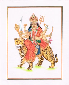 Pintura en miniatura india de la diosa Durga en tela de seda 7,5 x 9,5 pulgadas - Imagen 1 de 9