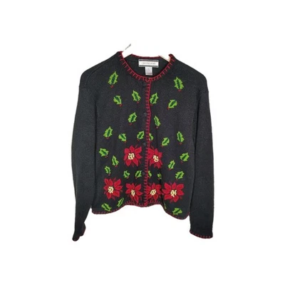 Vtg Christmas Sweater Poinsettia Holly Black Red Green Holiday XL Cottagecore    - Image 1 of 4