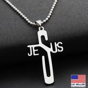 Men Women Stainless Steel Hollow Jesus Letters Cross Pendant Necklace 0344 - Picture 1 of 4