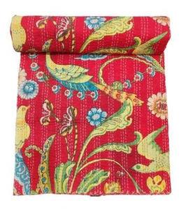 Kantha Quilt Cotton Indian Bird Print Bedspread Handmade Bedding Blanket Throw - Picture 1 of 3
