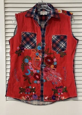 Colete Feminino Vintage Anos 90 Y2K Pequeno Grunge Flanela Bordado Pavão Floral - Imagem 1 de 4