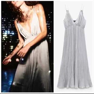 ZARA graues Plissee Maxikleid M neu mit Etikett Spaghettiträger V-Ausschnitt formelles Abendkleid - Bild 1 von 16
