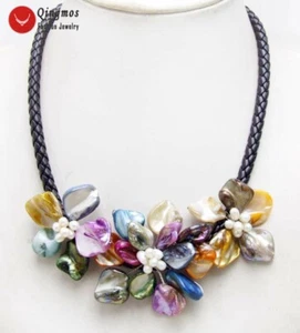 Multicolor Baroque Shell Flower Pendant Necklace for Women & Pearl Chokers 18'' - Picture 1 of 15