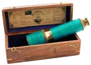 Antique Brass Pirate Telescope 18" with Leather & Wood Box – HMS Endeavour - Picture 1 of 9