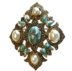 Vintage Estate Signed SARAH COV Large Brooch /Pendant - Art Glass, Faux Pearls - Picture 1 of 20