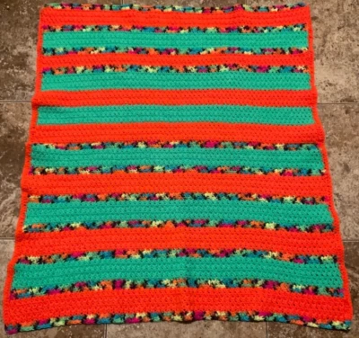 HANDMADE GRANNY CROCHET LAP BLANKET ( 34” x 36” ) GREEN ORANGE MULTI-TONE - Image 1 of 4