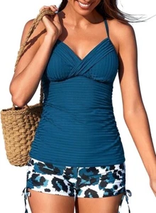 Twist Front Tankini Swimsuits for Women Flattering Tummy Control Ribbed Swimsuit - Picture 1 of 7