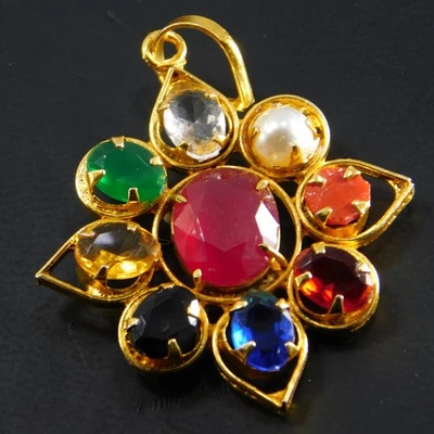Navratna Gemstone Pendant – 9 Planet Healing Stones Handmade Gold Plated Jewelry - Image 1 of 4