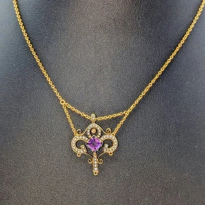 Antique 14k Yellow Gold Art Nouveau Amethyst Seed Pearl Festoon 15.5" Necklace - Picture 1 of 14