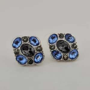 Vtg Blue Crystal Pave Rhinestone Crystal Stud Pierced Earrings - Picture 1 of 12