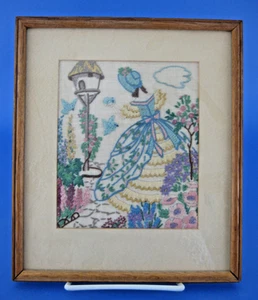Completed Framed Embroidery Design Woman Blue Yellow Dress Garden Birdhouse - Picture 1 of 3