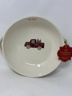 Camión con árboles Strawberry Street Merry 9” cuenco de cerámica rojo camión vacaciones en muy buen estado Foto 1 de 4