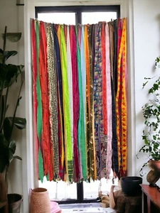 Indian Old Sari Multi Color Curtain Door Drape Window Boho Silk Saree Curtains - Picture 1 of 6
