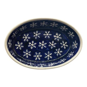 Cerámica polaca Boleslawiec 6" x 4" ovalada Ramekin panadería plato copos de nieve azules - Imagen 1 de 10