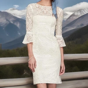 Short Illusion Lace Dress with 3/4 Bell Sleeves Ivory DB Studio SDWG0618 Size 10 - Picture 1 of 9