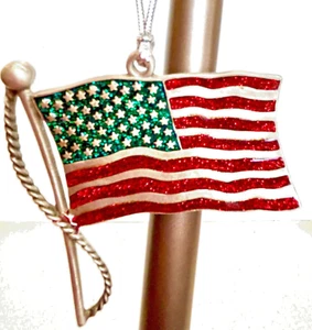 American Flag Christmas Tree Ornament Pewter by Gloria Duchin, Made in USA, 2002 - Picture 1 of 9