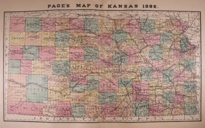 Datado de 1886 ~ KANSAS - MAPA FERROVIÁRIO E MUNICIPAL (17x27) -#003 - Imagem 1 de 3