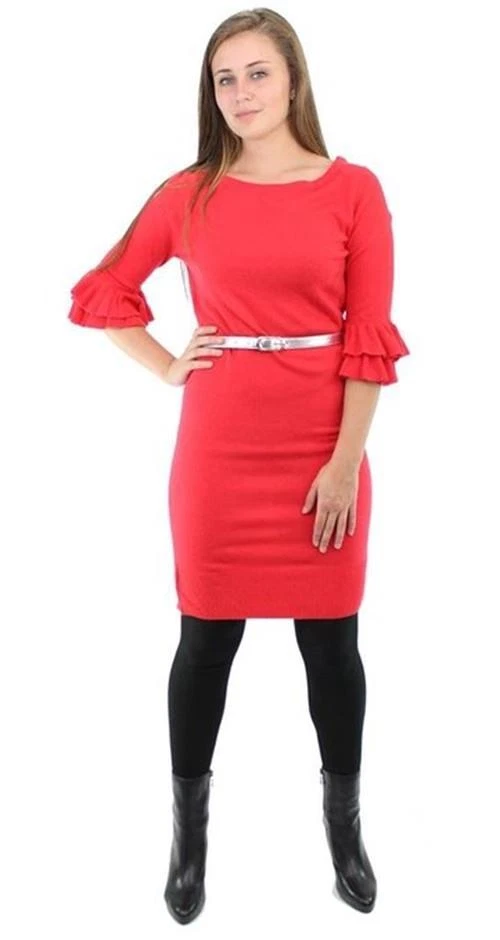 NY Collection Sweater Dress Red Boat Neck Ruffle Sleeve Belted Size L NWT $79 - Image 1 of 1