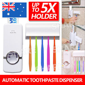 Automatic Toothpaste Dispenser +5 Toothbrush Holder Set Wall Mount Stand Sale LD