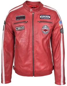 Mens Soft Leather Biker Jacket Racing Stripes Sports Badges Casual Fitted Style - Picture 1 of 31